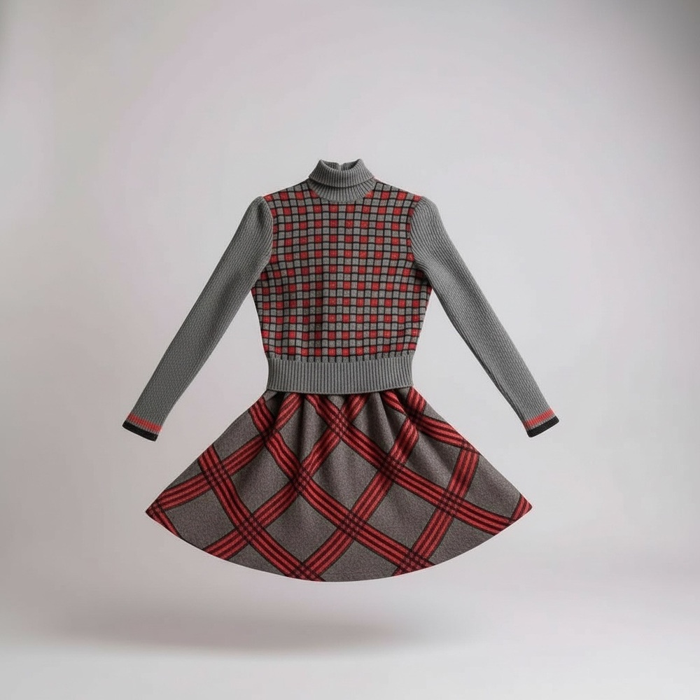 Vintage Francesca For Damon 12 Collections Gray and Red Wool Plaid Midi Sweater